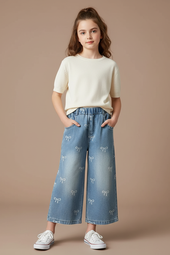 Pantalon Jupe Denim Ample Imprimé Nœuds Enfant - Bleu Jean
