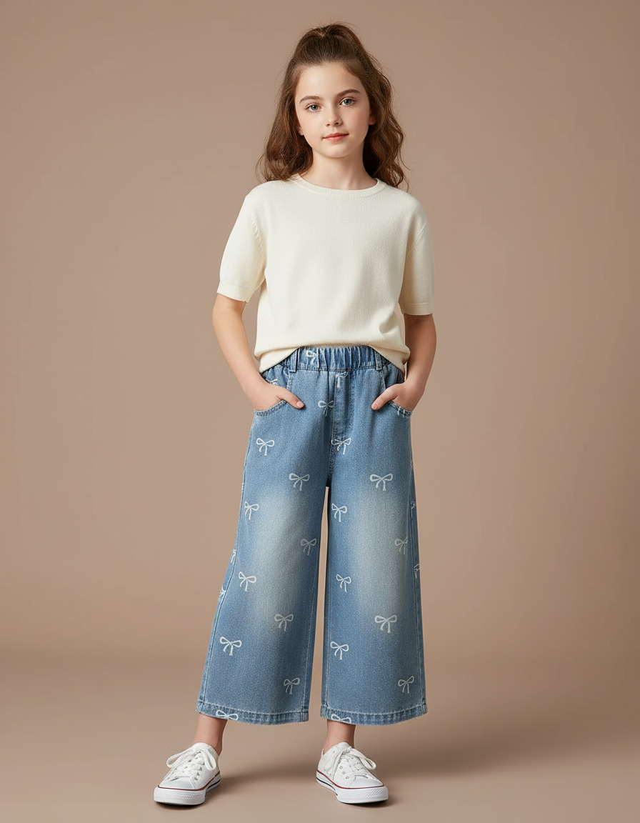 Pantalon Jupe Denim Ample Imprimé Nœuds Enfant - Bleu Jean