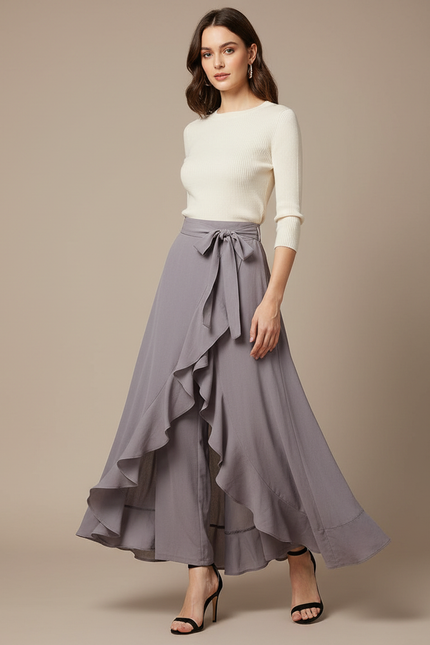 Pantalon Jupe Gris Fluide Volants Irrégulier Élégant - Viscose