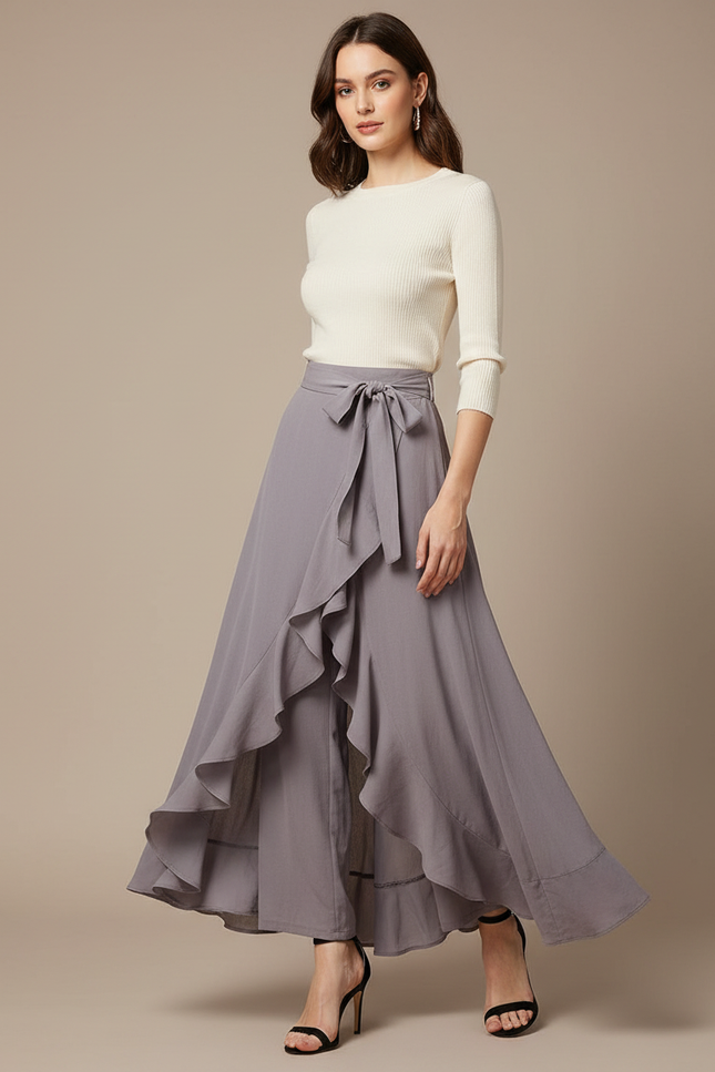 Pantalon Jupe Gris Fluide Volants Irrégulier Élégant - Viscose