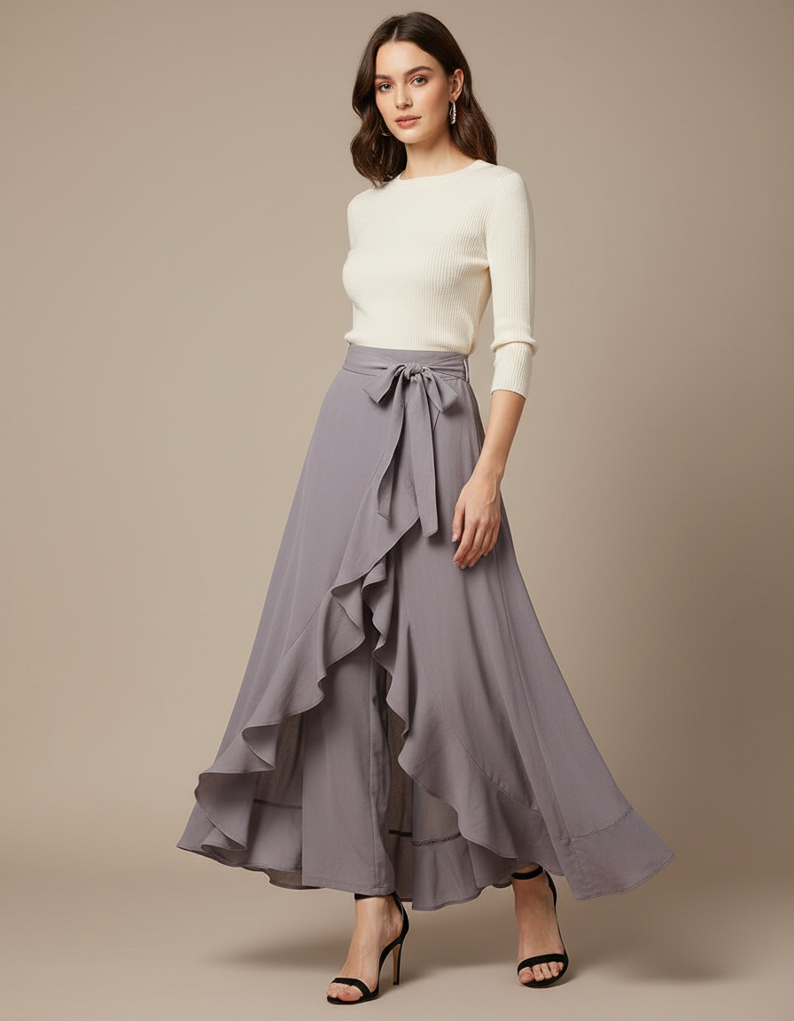 Pantalon Jupe Gris Fluide Volants Irrégulier Élégant - Viscose