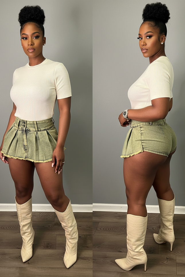 Pantalon Jupe Plissé Denim Vert Effilé Taille Haute - Kaki Jean