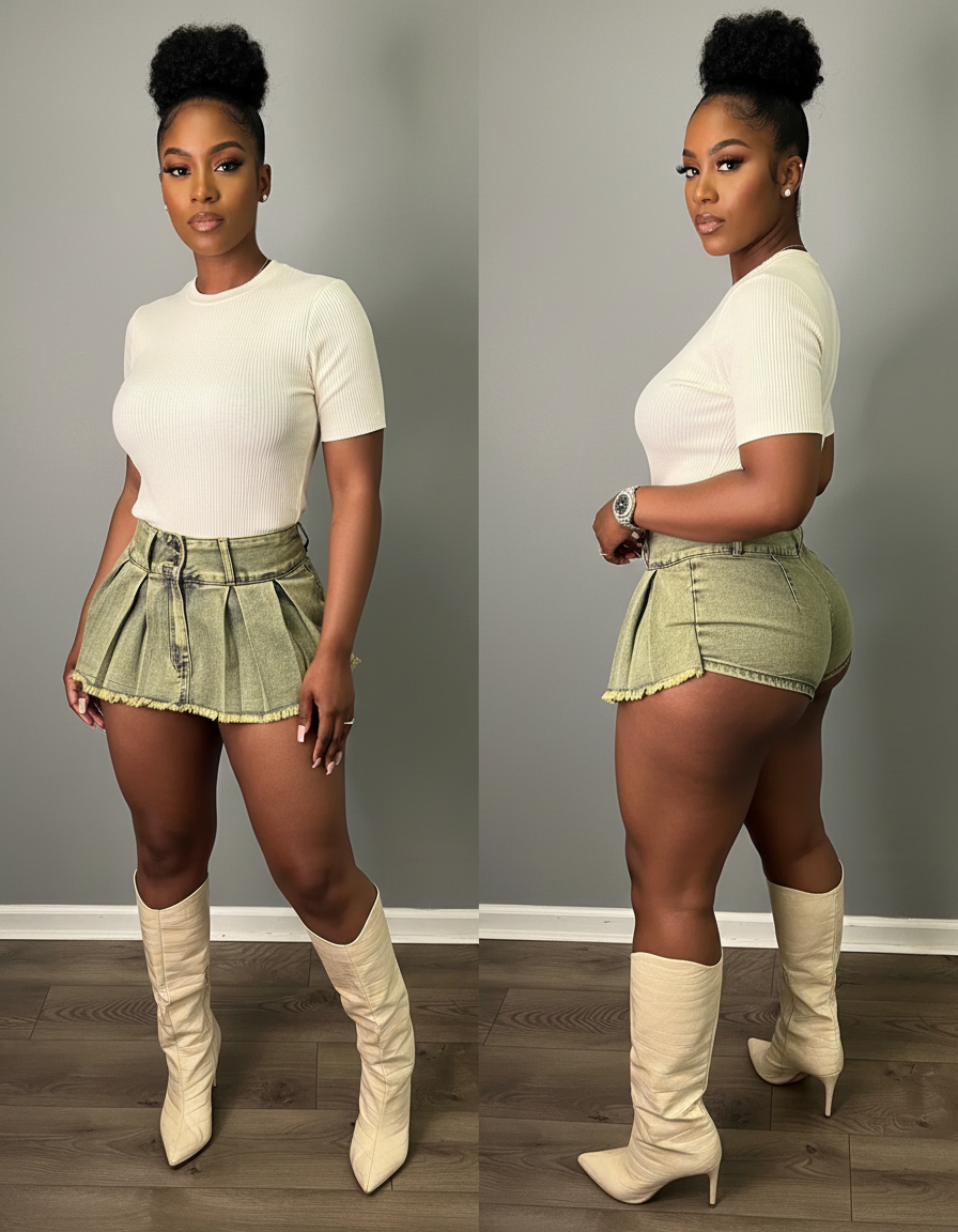 Pantalon Jupe Plissé Denim Vert Effilé Taille Haute - Kaki Jean