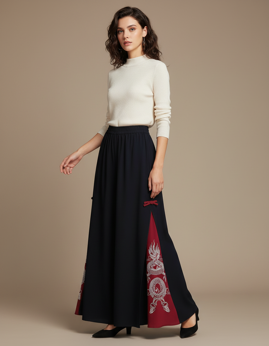 Pantalon Jupe Noir Fendu Dragon Chinois Fluide Élégant - Polyester