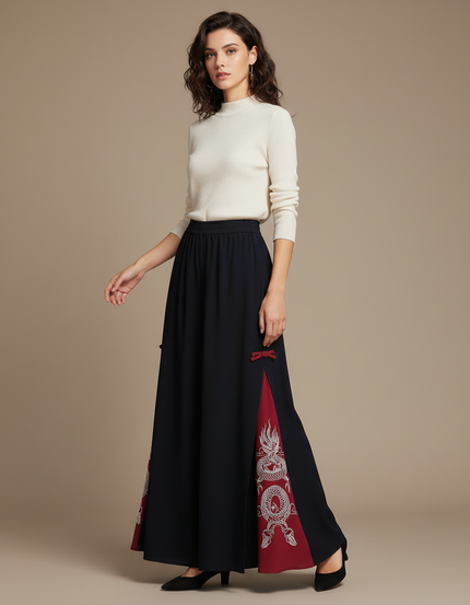 Pantalon Jupe Noir Fendu Dragon Chinois Fluide Élégant - Polyester
