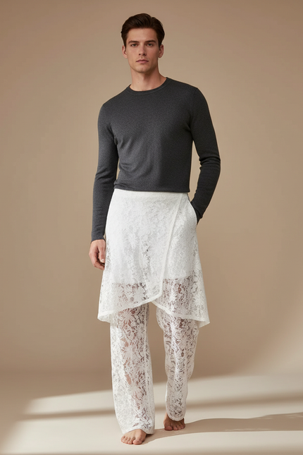 Pantalon Jupe Blanc Dentelle Transparent Superposé Élégant - Maille