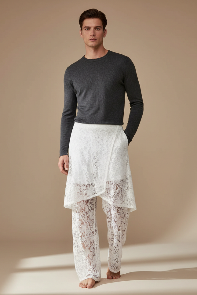 Pantalon Jupe Blanc Dentelle Transparent Superposé Élégant - Maille