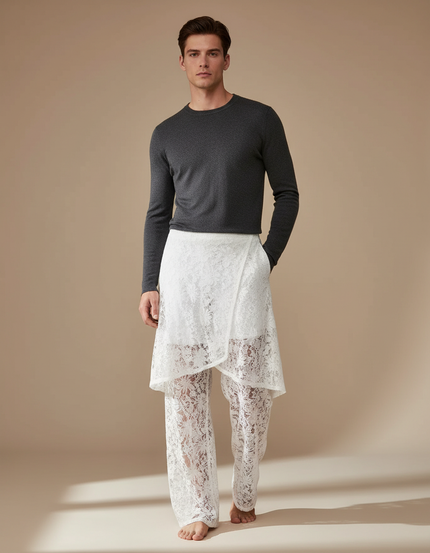 Pantalon Jupe Blanc Dentelle Transparent Superposé Élégant - Maille