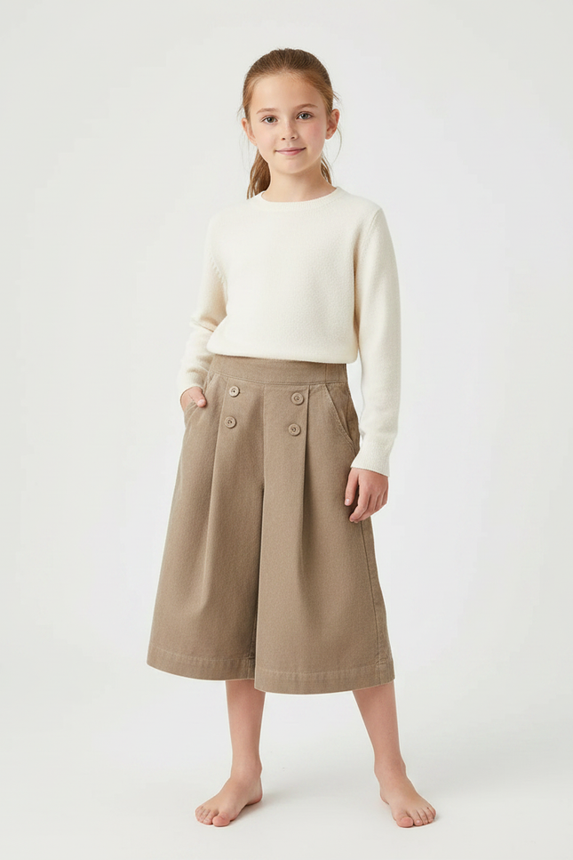 Pantalon Jupe Marron Plissé Boutons Décontracté Coton - Kaki Cordé