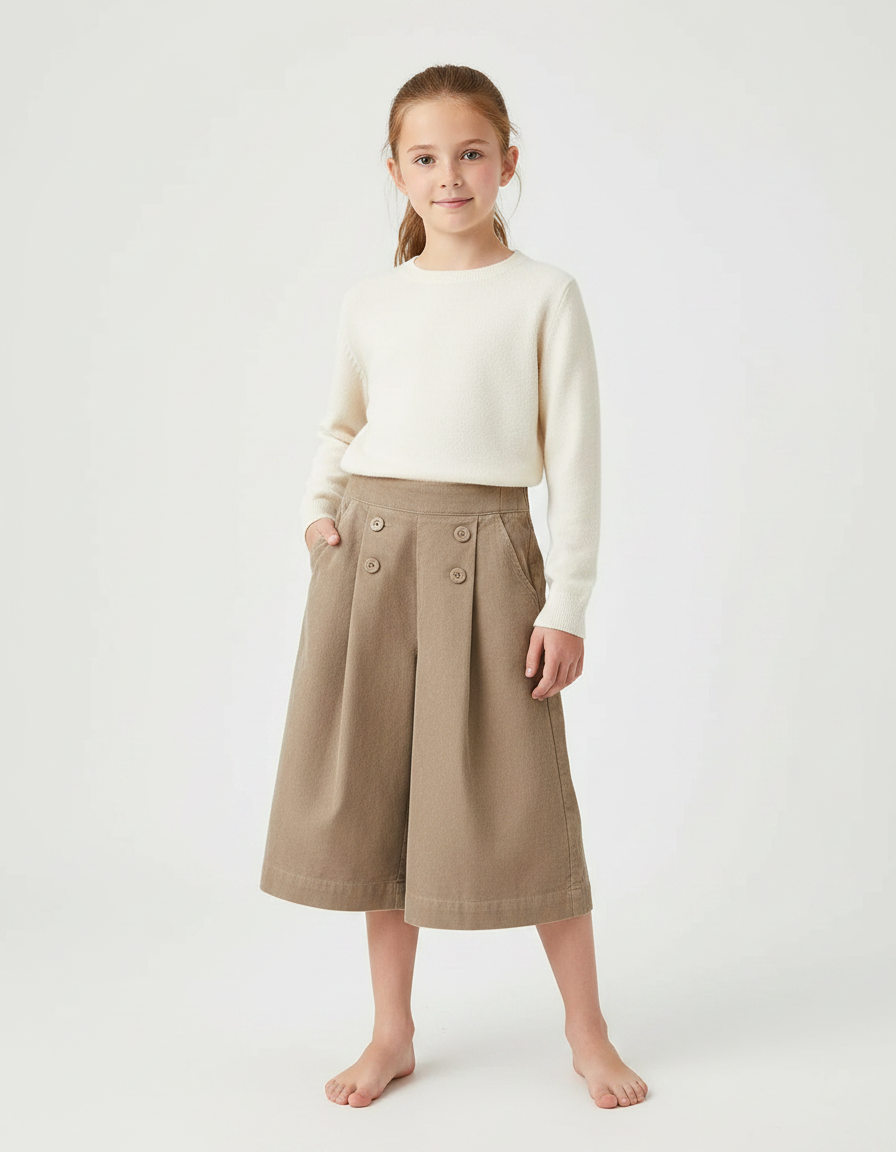 Pantalon Jupe Marron Plissé Boutons Décontracté Coton - Kaki Cordé