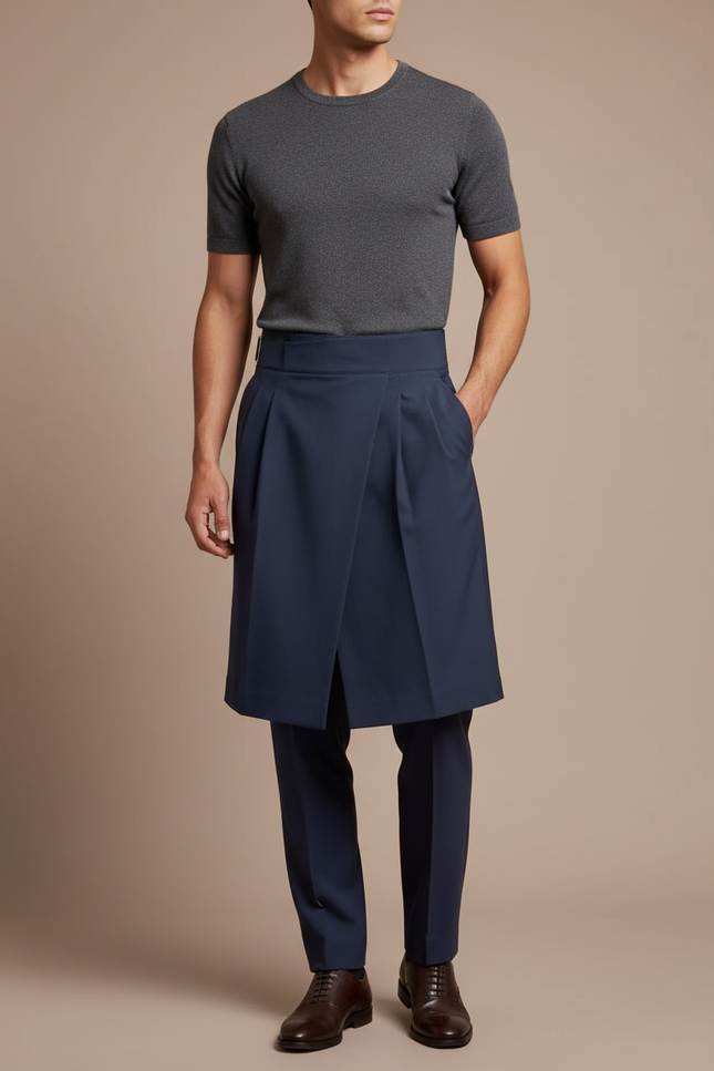 Pantalon Jupe Bleu Marine Plissé Élégant Homme Moderne - Gabardine