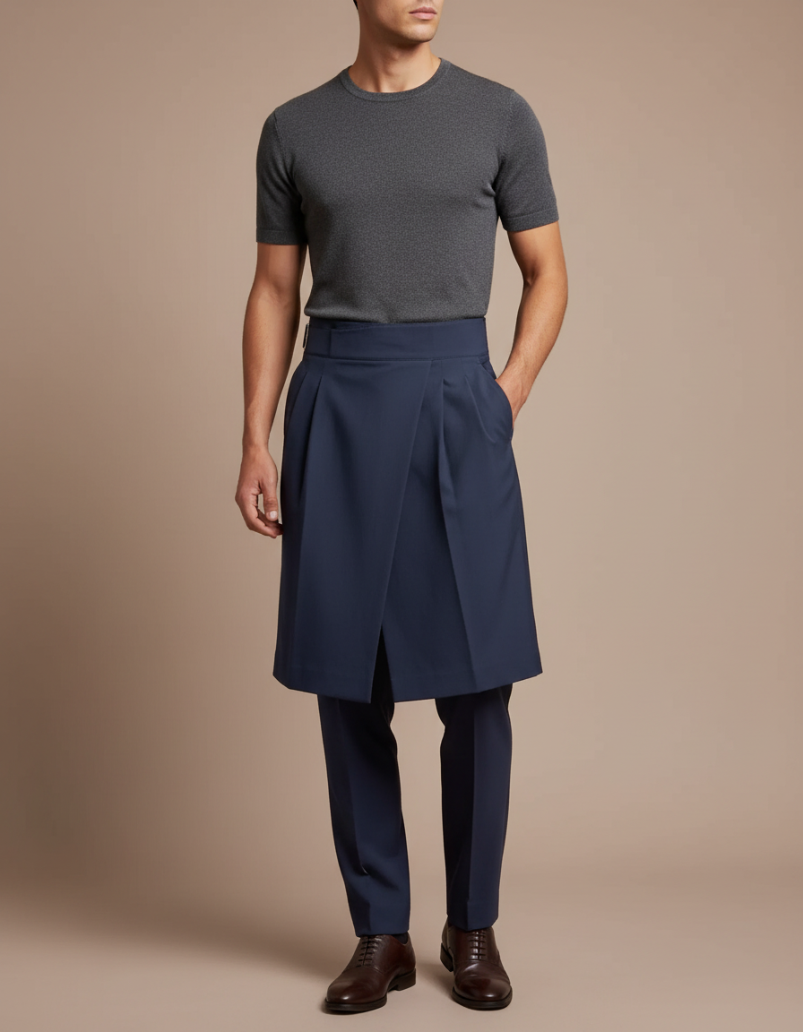 Pantalon Jupe Bleu Marine Plissé Élégant Homme Moderne - Gabardine