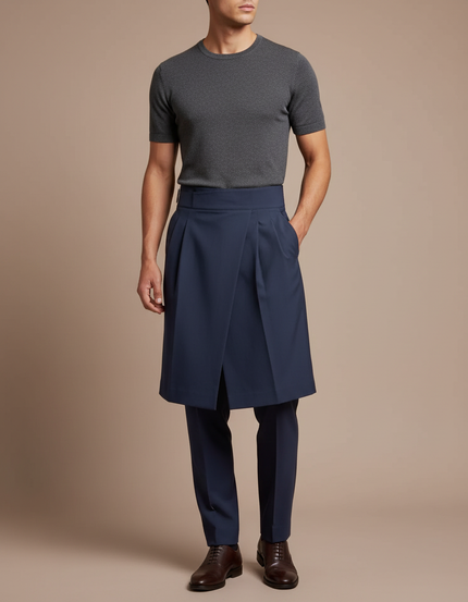 Pantalon Jupe Bleu Marine Plissé Élégant Homme Moderne - Gabardine
