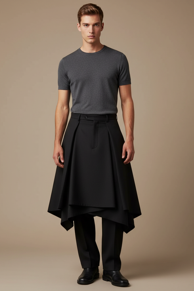 Pantalon Jupe Noir Asymétrique Superposé Élégant Moderne - Gabardine