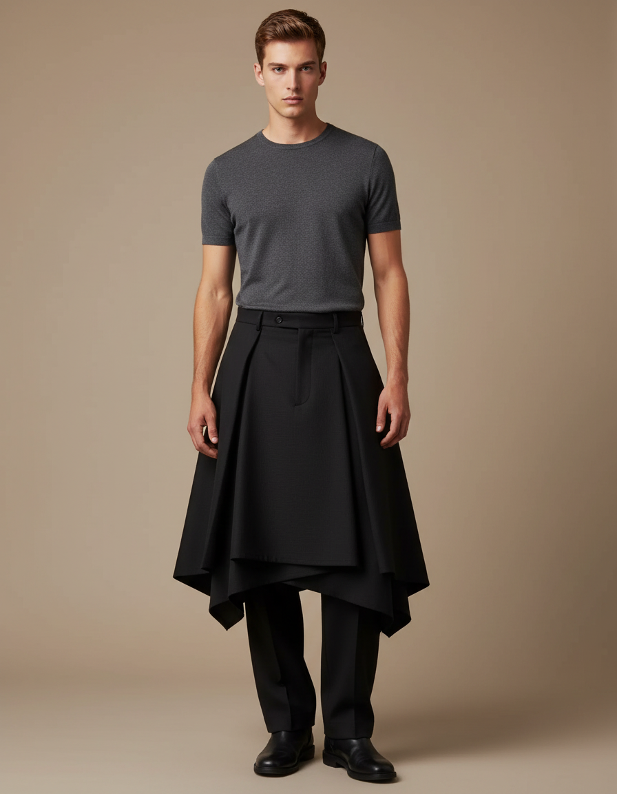 Pantalon Jupe Noir Asymétrique Superposé Élégant Moderne - Gabardine