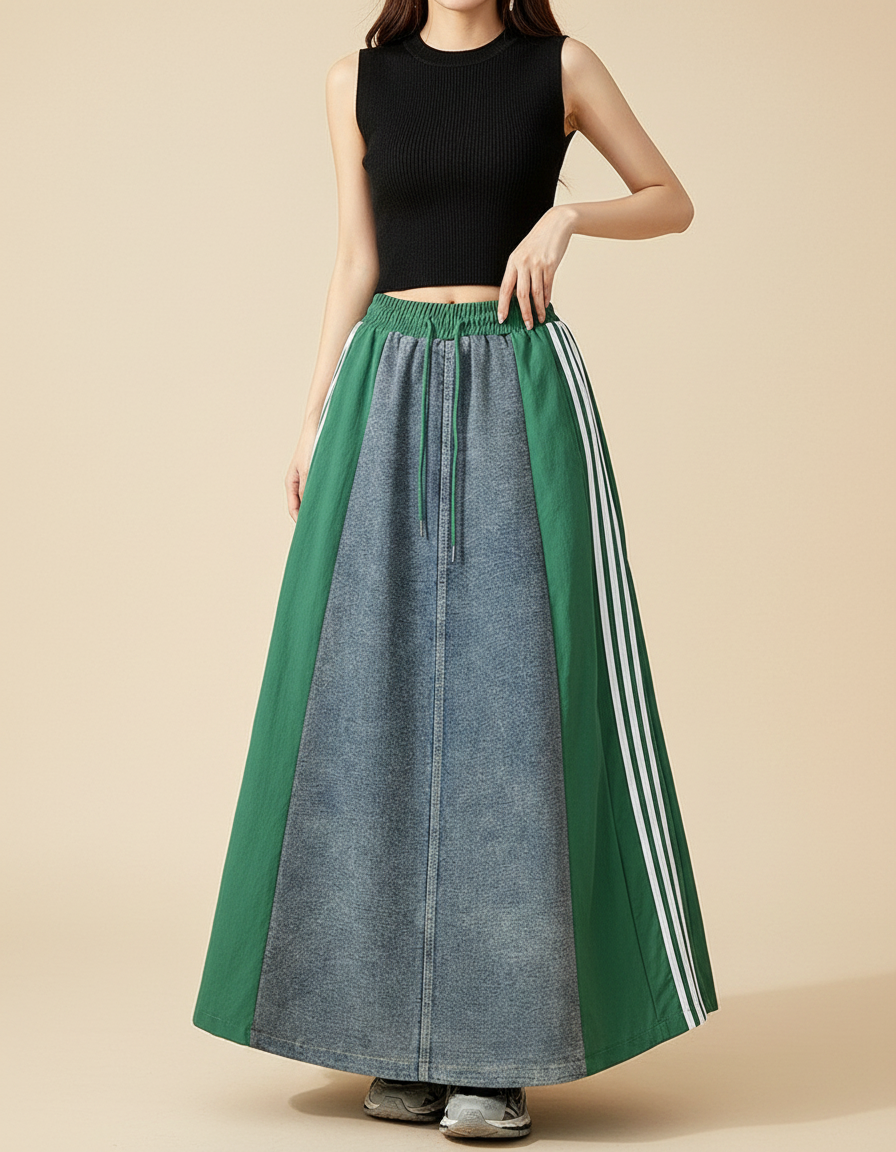 Pantalon Jupe Longue Denim Patchwork Rayures Vertes - Multicolore Jean