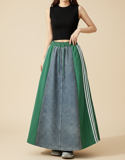 Pantalon Jupe Longue Denim Patchwork Rayures Vertes - Multicolore Jean