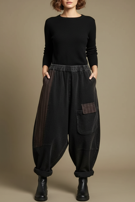 Pantalon Jupe Côtelé Noir Ample Vintage Patchwork - Cordé
