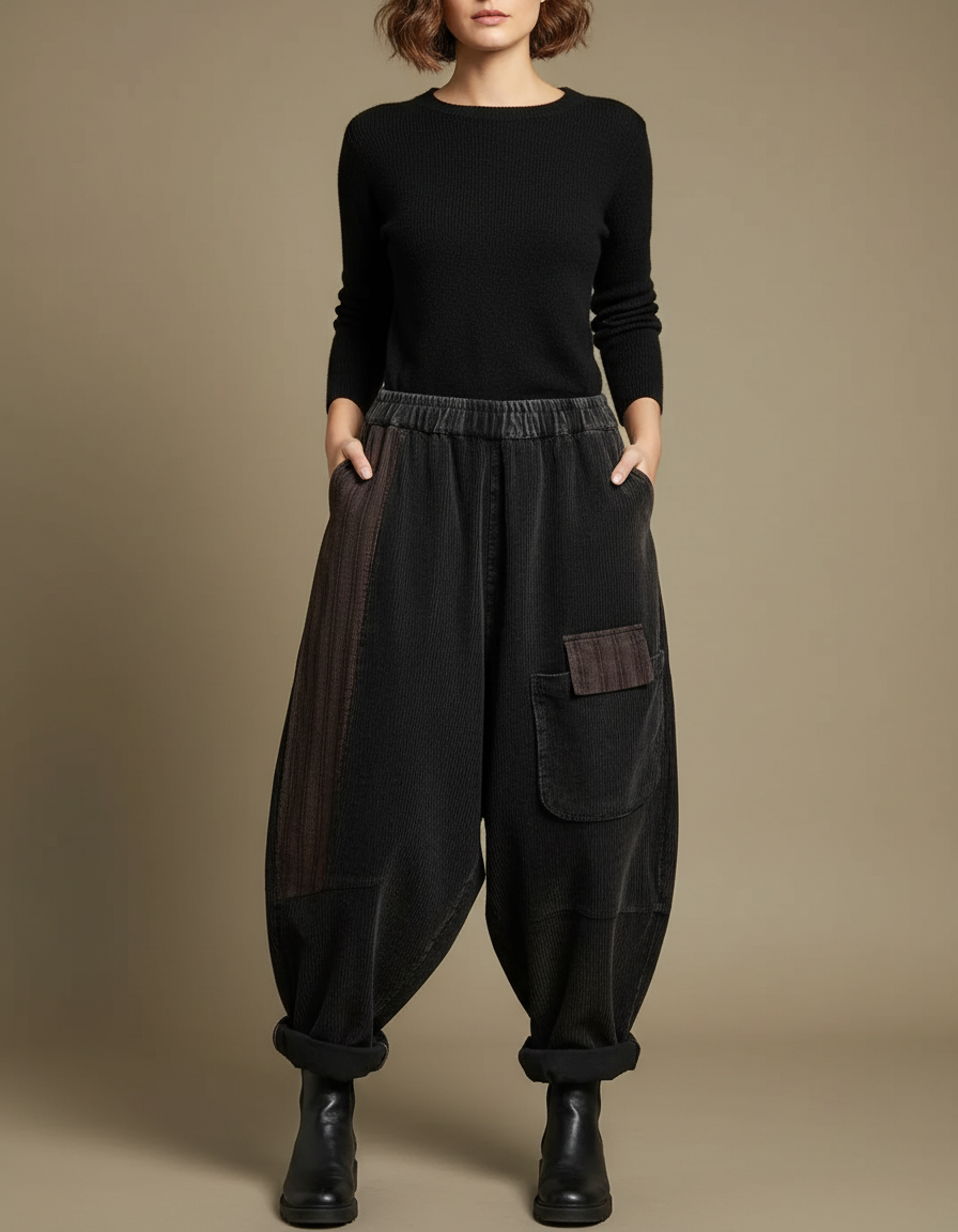 Pantalon Jupe Côtelé Noir Ample Vintage Patchwork - Cordé