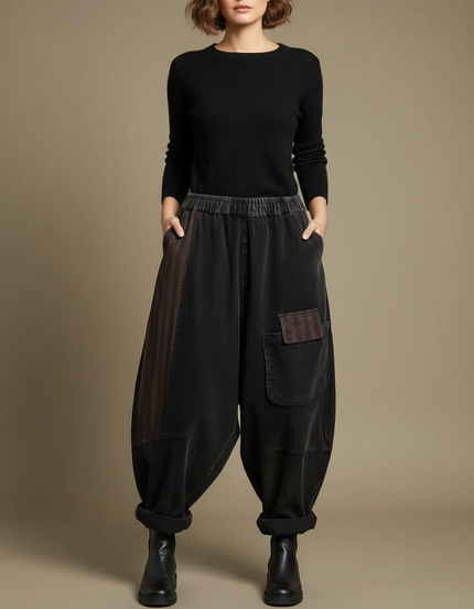 Pantalon Jupe Côtelé Noir Ample Vintage Patchwork - Cordé