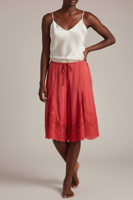 Pantalon Jupe Corail Satin Dentelle Ample Fluide - Orange