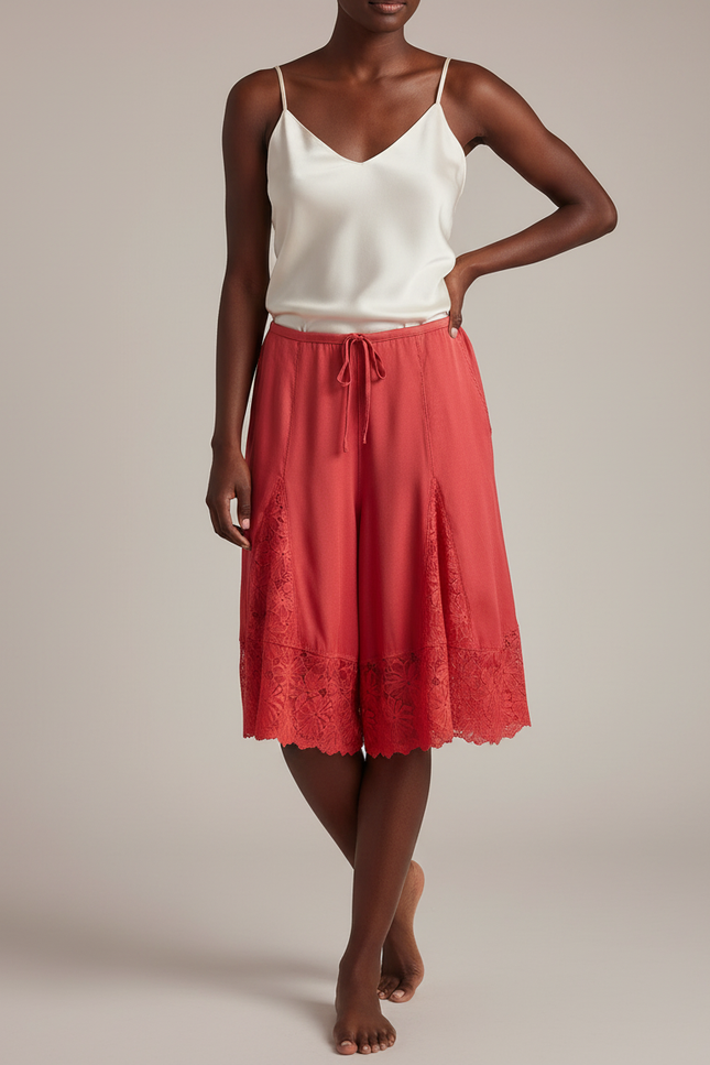 Pantalon Jupe Corail Satin Dentelle Ample Fluide - Orange