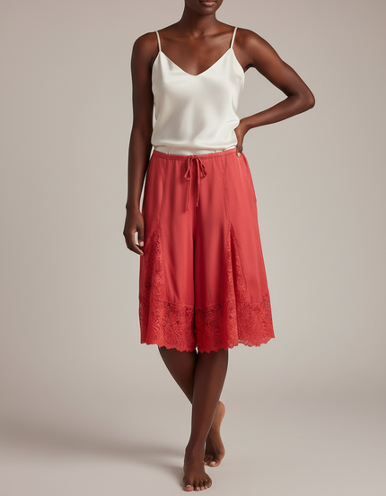 Pantalon Jupe Corail Satin Dentelle Ample Fluide - Orange