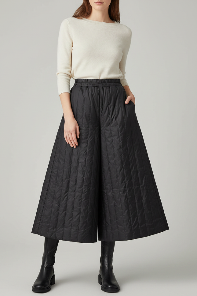 Pantalon Jupe Noir Matelassé Ample Hiver Décontracté - Polyester