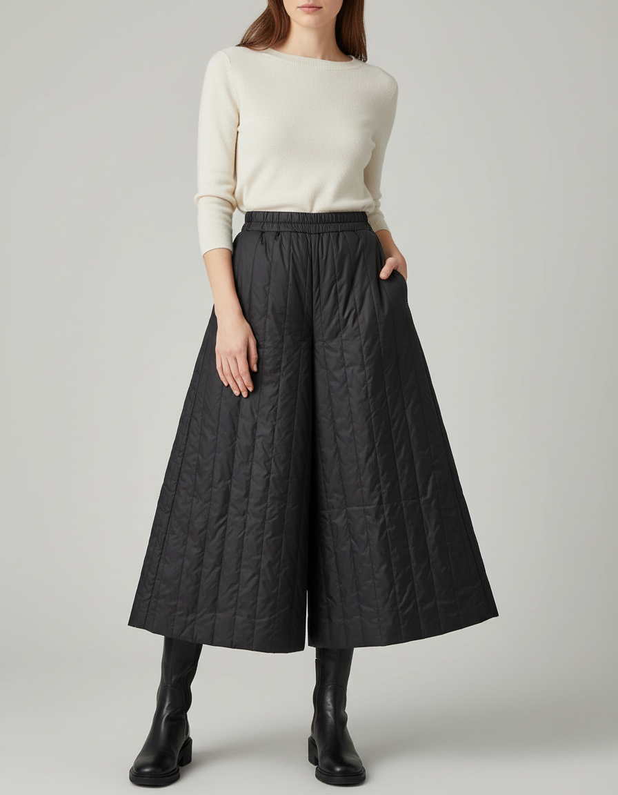 Pantalon Jupe Noir Matelassé Ample Hiver Décontracté - Polyester