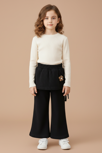 Pantalon Jupe Noir Évasé Côtelé Fleur Fille - Cordé