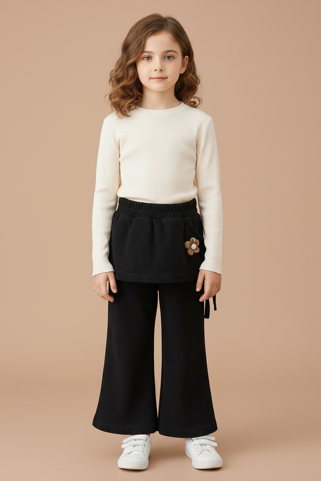 Pantalon Jupe Noir Évasé Côtelé Fleur Fille - Cordé