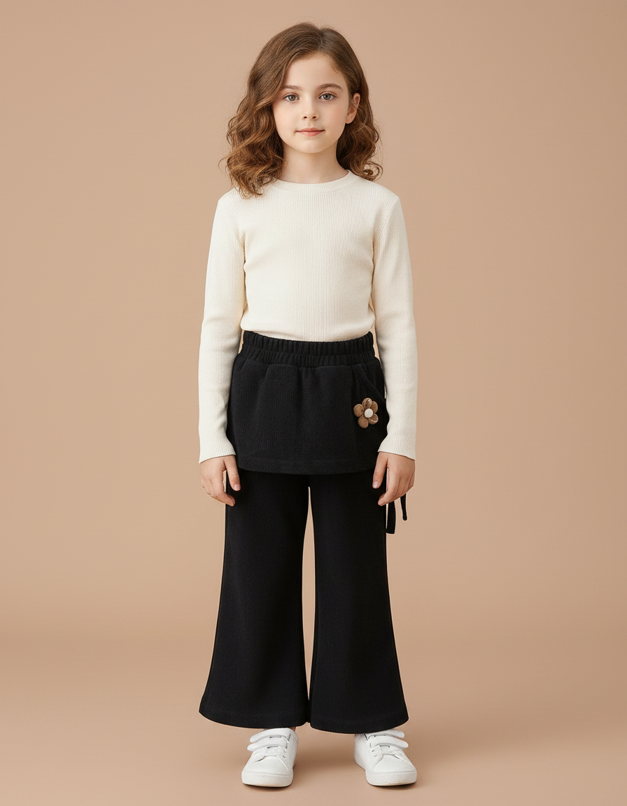 Pantalon Jupe Noir Évasé Côtelé Fleur Fille - Cordé
