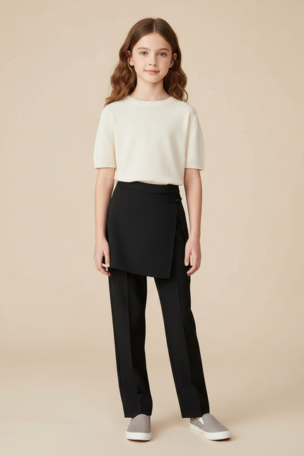 Pantalon Jupe Noir Droit Superposé Élégant - Polyester