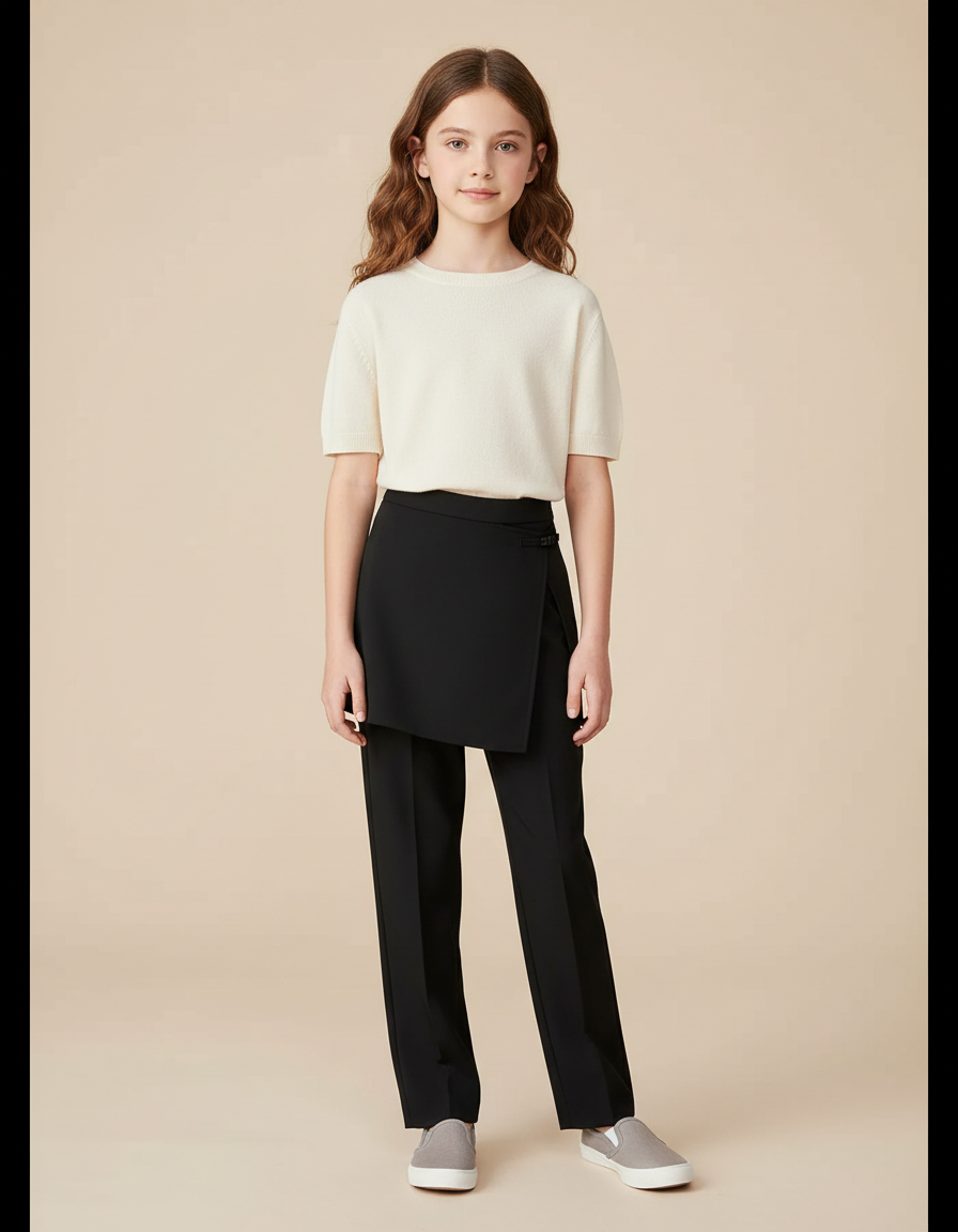 Pantalon Jupe Noir Droit Superposé Élégant - Polyester