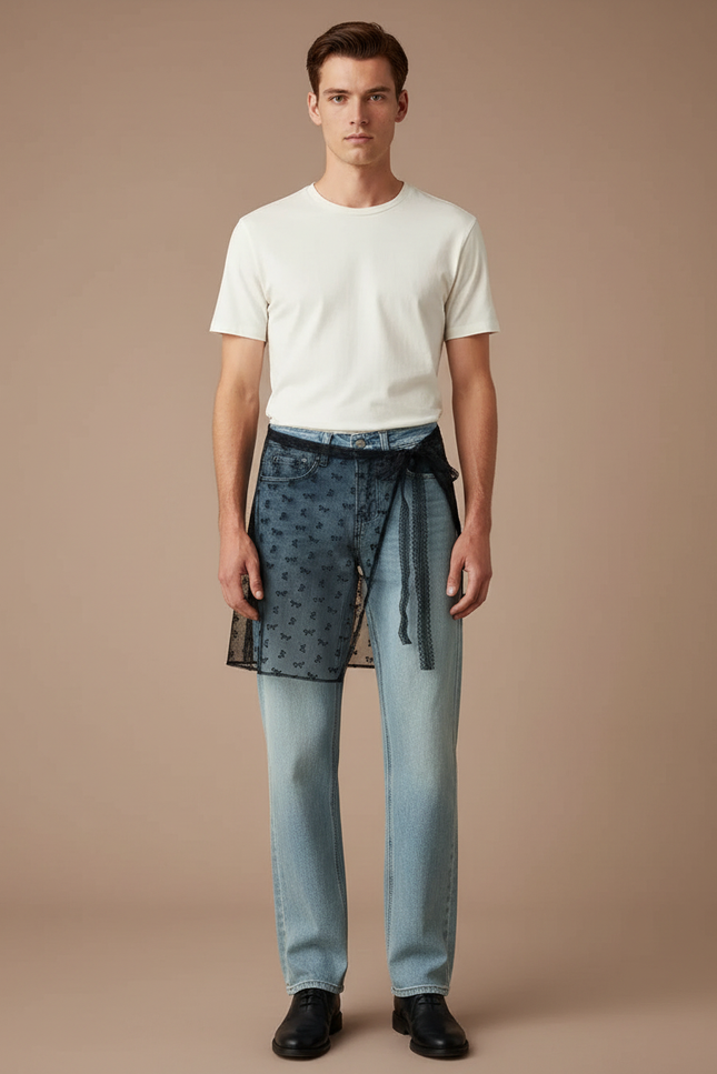 Pantalon Jupe Jean Tulle Noir Brodé Homme - Bleu