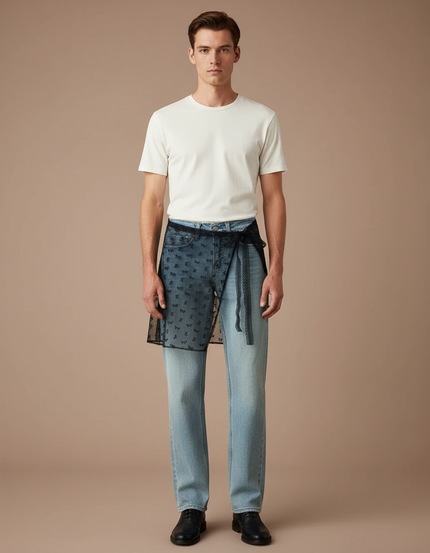 Pantalon Jupe Jean Tulle Noir Brodé Homme - Bleu