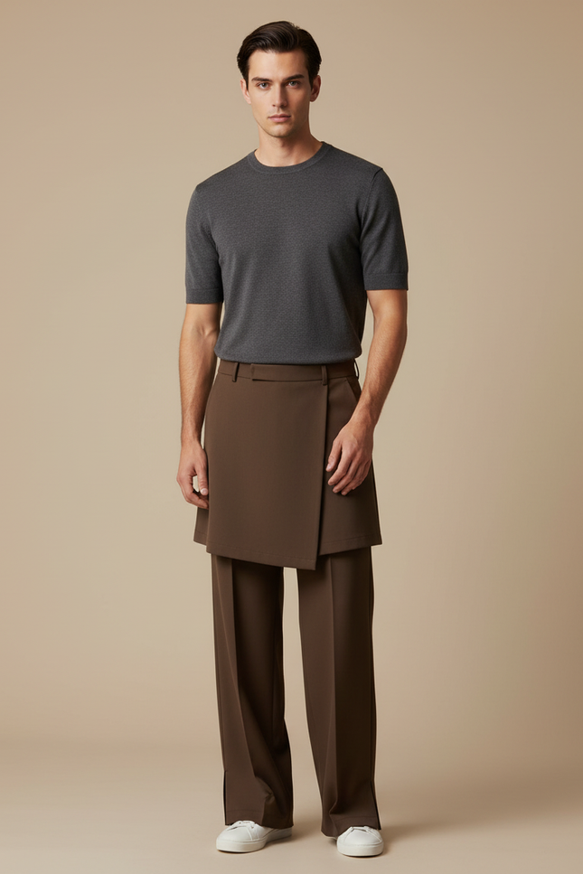Pantalon Jupe Marron Ample Superposé Minimaliste Élégant - Polyester