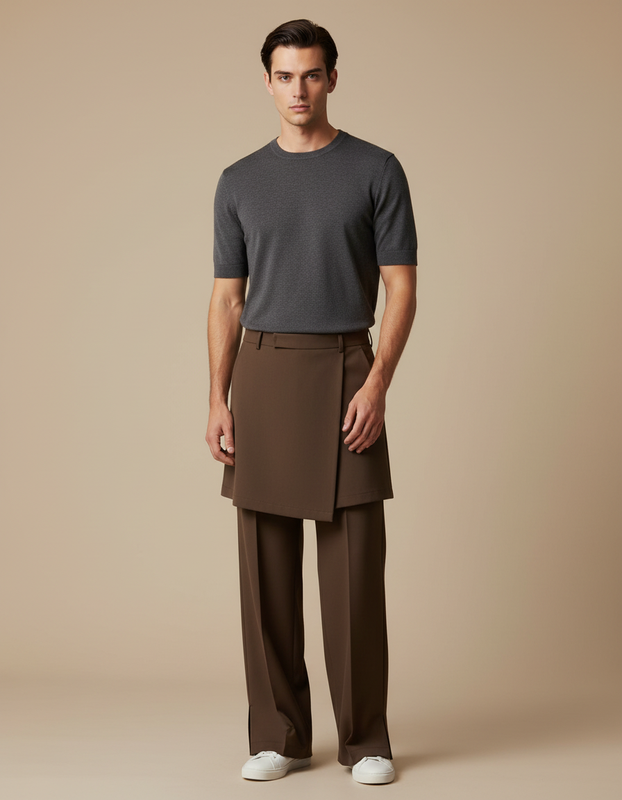 Pantalon Jupe Marron Ample Superposé Minimaliste Élégant - Polyester
