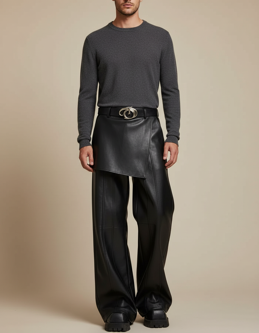 Pantalon Jupe Noir Cuir Ample Asymétrique Moderne