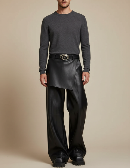 Pantalon Jupe Noir Cuir Ample Asymétrique Moderne