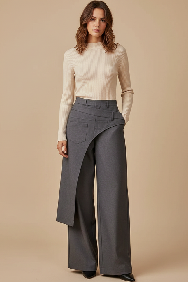 Pantalon Jupe Gris Asymétrique Élégant Ample Moderne - Polyester