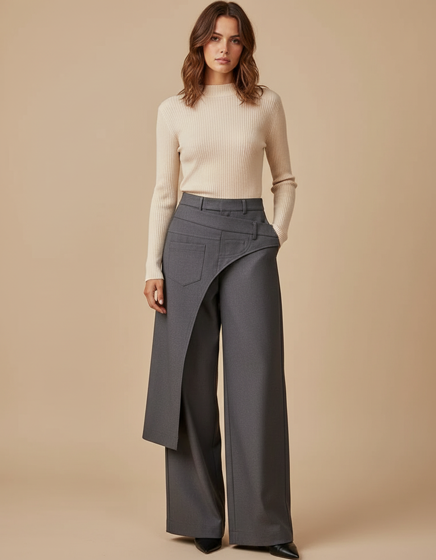 Pantalon Jupe Gris Asymétrique Élégant Ample Moderne - Polyester