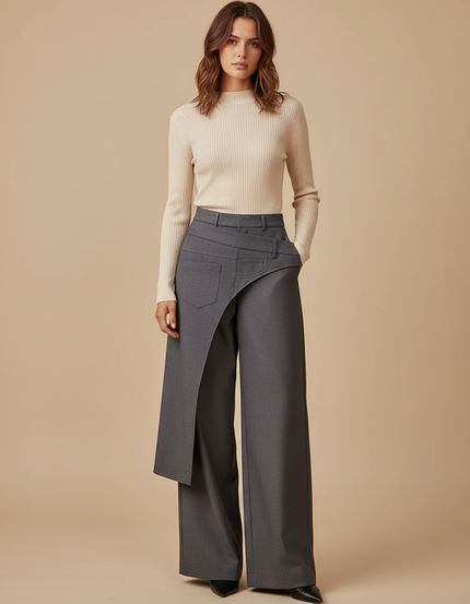 Pantalon Jupe Gris Asymétrique Élégant Ample Moderne - Polyester