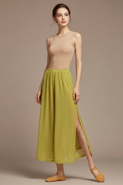 Pantalon Jupe Vert Chiffon Fendu Fluide Léger - Polyester