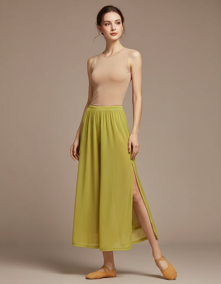 Pantalon Jupe Vert Chiffon Fendu Fluide Léger - Polyester