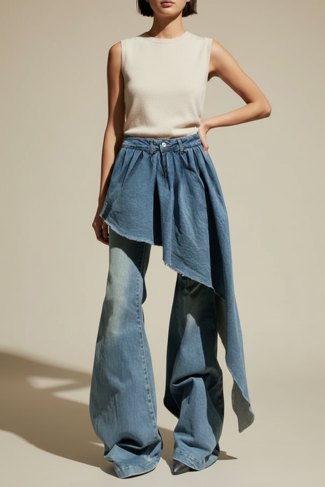 Pantalon Jupe Jean Bleu Ample Déstructuré Évasé