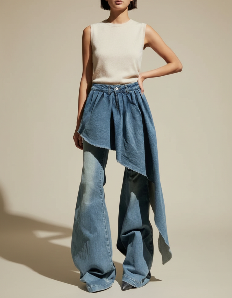 Pantalon Jupe Jean Bleu Ample Déstructuré Évasé