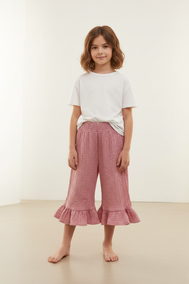 Pantalon Jupe Rose Volants Coton Respirant Fille