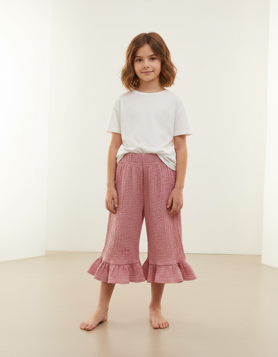Pantalon Jupe Rose Volants Coton Respirant Fille