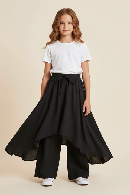 Pantalon Jupe Noir Coton Lin Ample Superposé Fille